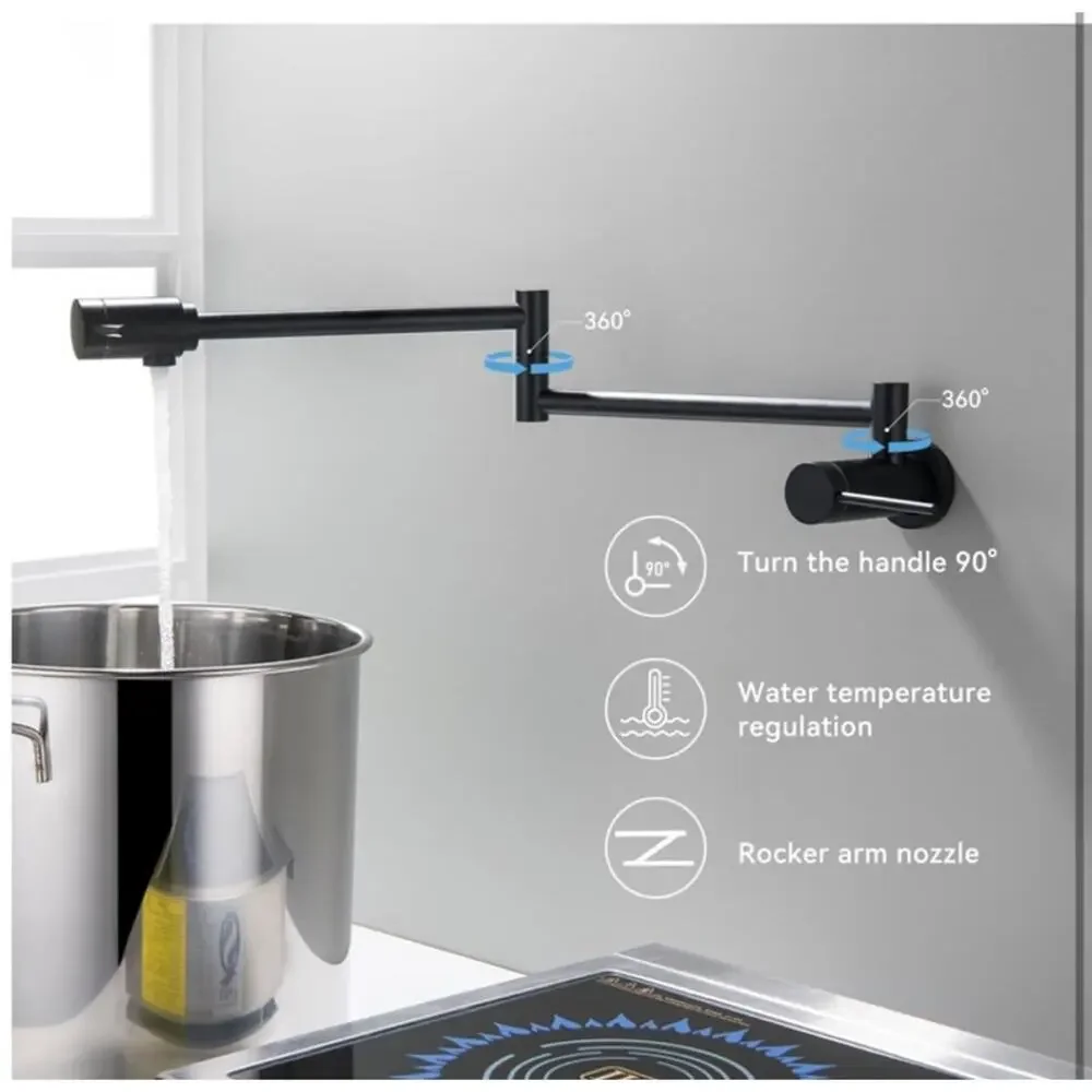 Black Wall Mount Pot Filler Faucet 360° Swivel Folding‎ Swing Arm Built Bearing